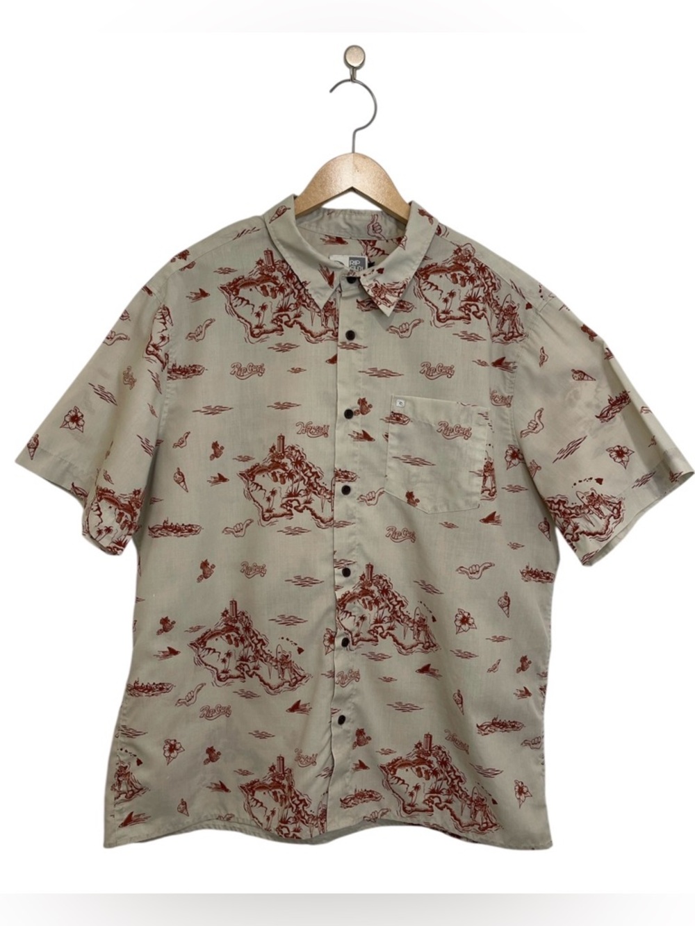 Rip Curl Surf Shirt Men’s XL Short Sleeve Beige Brown Shaka Wave Print Button Up
